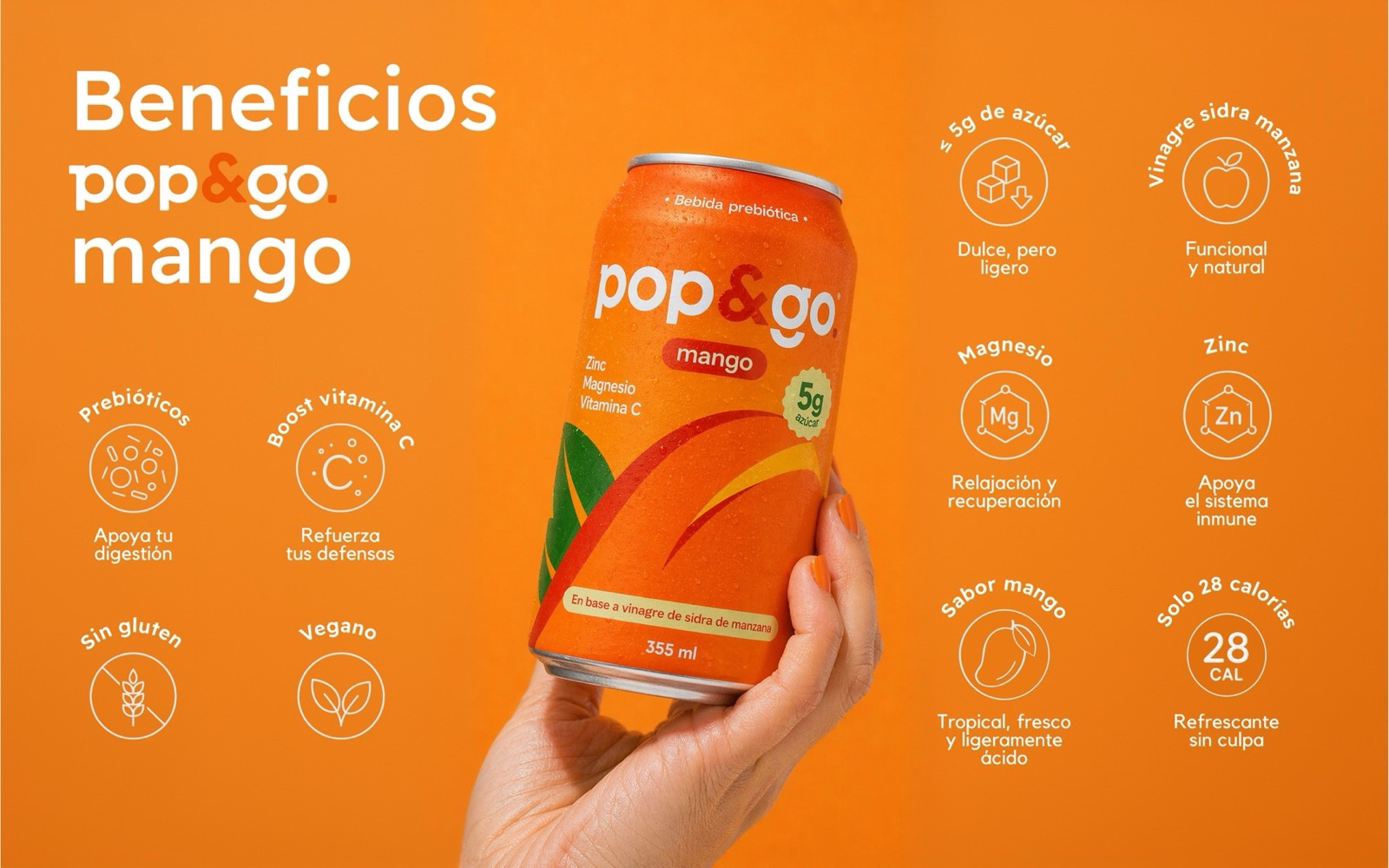 Gráfica de beneficios de Pop&Go sabor mango sobre fondo naranja
